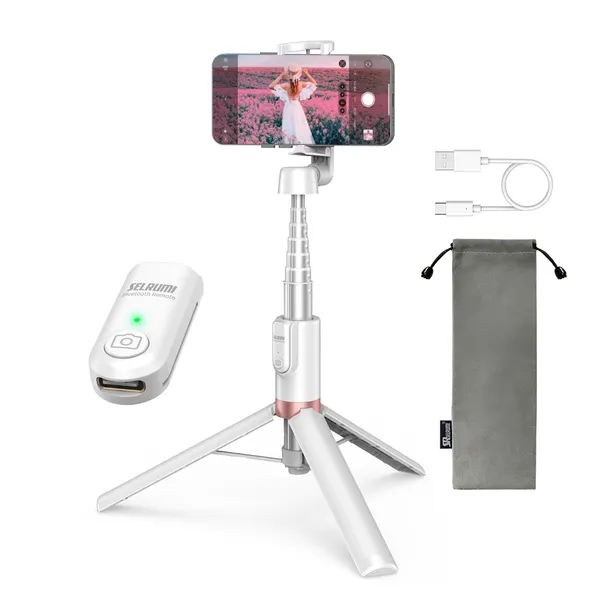 셀루미 인체공학 익스텐션 셀카봉 삼각대, SEL-CT1300M, (화이트&로즈골드), 1개