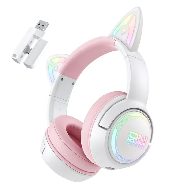 ONIKUMA 고양이귀 무선 게이밍 헤드셋 3모드 연결 RGB 가상 7.1 노이즈캔슬링 마이크 GT838, 핑크, GT838