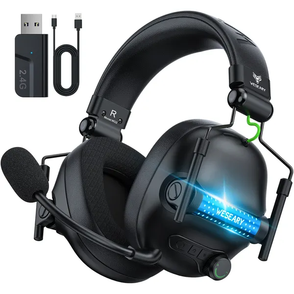 위세리 WG2 무선 게이밍 헤드셋 2.4G 가상 7.1 채널 3D 사운드 FPS 게임 음악 듀얼 EQ 모드 RGB 노이즈 캔슬링 마이크, 올블랙, WG2
