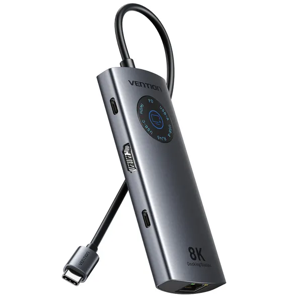 벤션 C타입 8K HDMI PD 랜카드 USB 멀티 허브 도킹스테이션, 미러링 터치 On Off 사생활 보호기능, 1개, 그레이