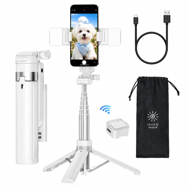 NICESUN 원터치 미니 블루투스 초경량 휴대폰 셀카봉 삼각대 90cm M56, 화이트+LED, 1개, M56