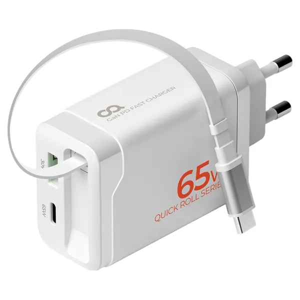 오아 퀵롤차저 일체형 케이블 65W GaN C타입 초고속 2포트 멀티 고속 핸드폰 충전기, 화이트, 1개