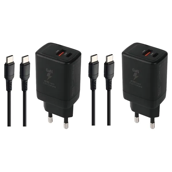 지파워 GaN PD45W 2포트 1구 45W / 2구 동시 25W +18W 초고속충전기 + C to C 케이블 세트, 블랙, 2세트