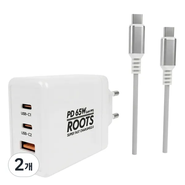 루츠 국내생산 초고속 멀티 충전기 C타입 3포트 PD 65W PPS + C to C 100W 5A E Marker 1.5M 케이블포함, 화이트, 2개